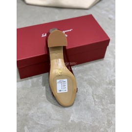 Salvatore Ferragamo New Round Head Gold Button Thick Heel Shoes For Women Wine Red