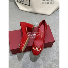 Salvatore Ferragamo New Round Head Gold Button Thick Heel Shoes For Women Red