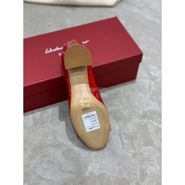 Salvatore Ferragamo New Round Head Gold Button Thick Heel Shoes For Women Red