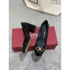Salvatore Ferragamo New Round Head Gold Button Thick Heel Shoes For Women Black