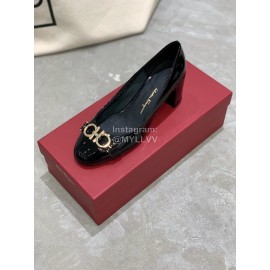 Salvatore Ferragamo New Round Head Gold Button Thick Heel Shoes For Women Black