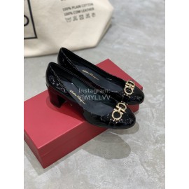 Salvatore Ferragamo New Round Head Gold Button Thick Heel Shoes For Women Black