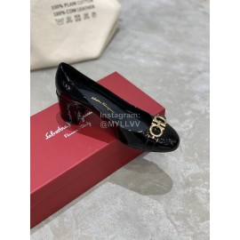 Salvatore Ferragamo New Round Head Gold Button Thick Heel Shoes For Women Black