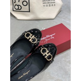 Salvatore Ferragamo New Round Head Gold Button Thick Heel Shoes For Women Black