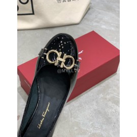 Salvatore Ferragamo New Round Head Gold Button Thick Heel Shoes For Women Black