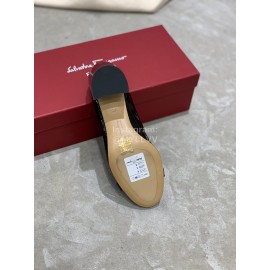 Salvatore Ferragamo New Round Head Gold Button Thick Heel Shoes For Women Black