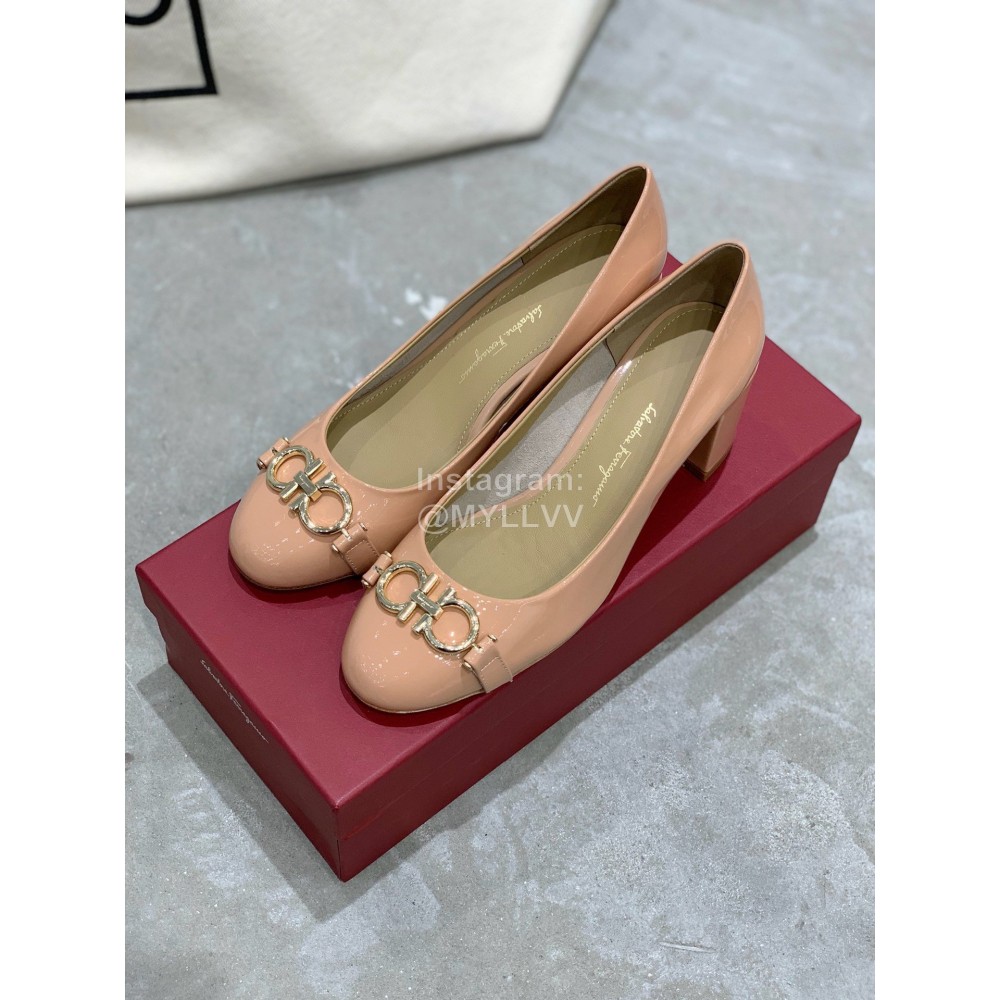 Salvatore Ferragamo New Round Head Gold Button Thick Heel Shoes For Women Pink
