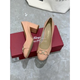 Salvatore Ferragamo New Round Head Gold Button Thick Heel Shoes For Women Pink