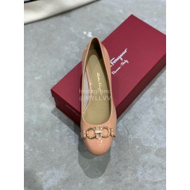 Salvatore Ferragamo New Round Head Gold Button Thick Heel Shoes For Women Pink