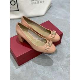 Salvatore Ferragamo New Round Head Gold Button Thick Heel Shoes For Women Pink