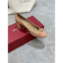 Salvatore Ferragamo New Round Head Gold Button Thick Heel Shoes For Women Pink