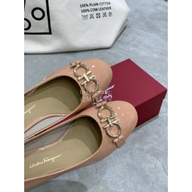 Salvatore Ferragamo New Round Head Gold Button Thick Heel Shoes For Women Pink