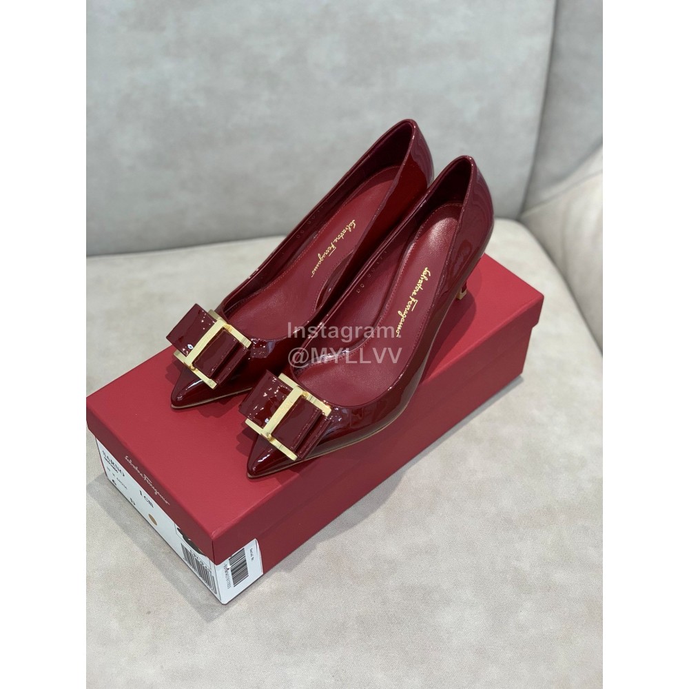 Salvatore Ferragamo New Leather Bow Pointed High Heels For Women Wine Red