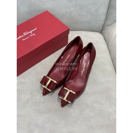 Salvatore Ferragamo New Leather Bow Pointed High Heels For Women Wine Red