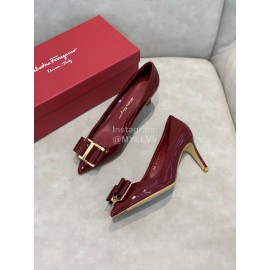 Salvatore Ferragamo New Leather Bow Pointed High Heels For Women Wine Red