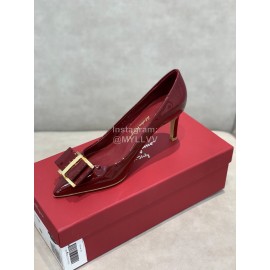 Salvatore Ferragamo New Leather Bow Pointed High Heels For Women Wine Red