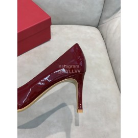 Salvatore Ferragamo New Leather Bow Pointed High Heels For Women Wine Red