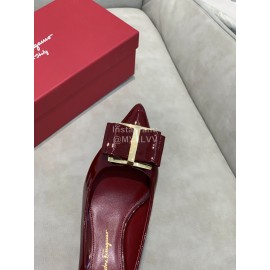 Salvatore Ferragamo New Leather Bow Pointed High Heels For Women Wine Red