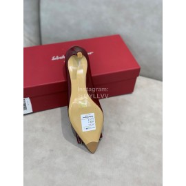 Salvatore Ferragamo New Leather Bow Pointed High Heels For Women Wine Red