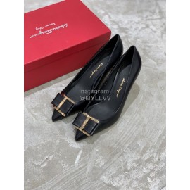 Salvatore Ferragamo New Leather Bow Pointed High Heels For Women Black