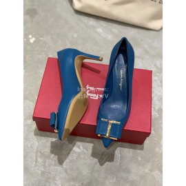Salvatore Ferragamo New Leather Bow Pointed High Heels For Women Blue