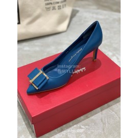 Salvatore Ferragamo New Leather Bow Pointed High Heels For Women Blue