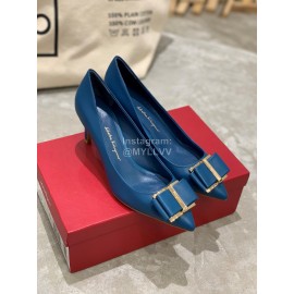 Salvatore Ferragamo New Leather Bow Pointed High Heels For Women Blue