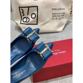 Salvatore Ferragamo New Leather Bow Pointed High Heels For Women Blue