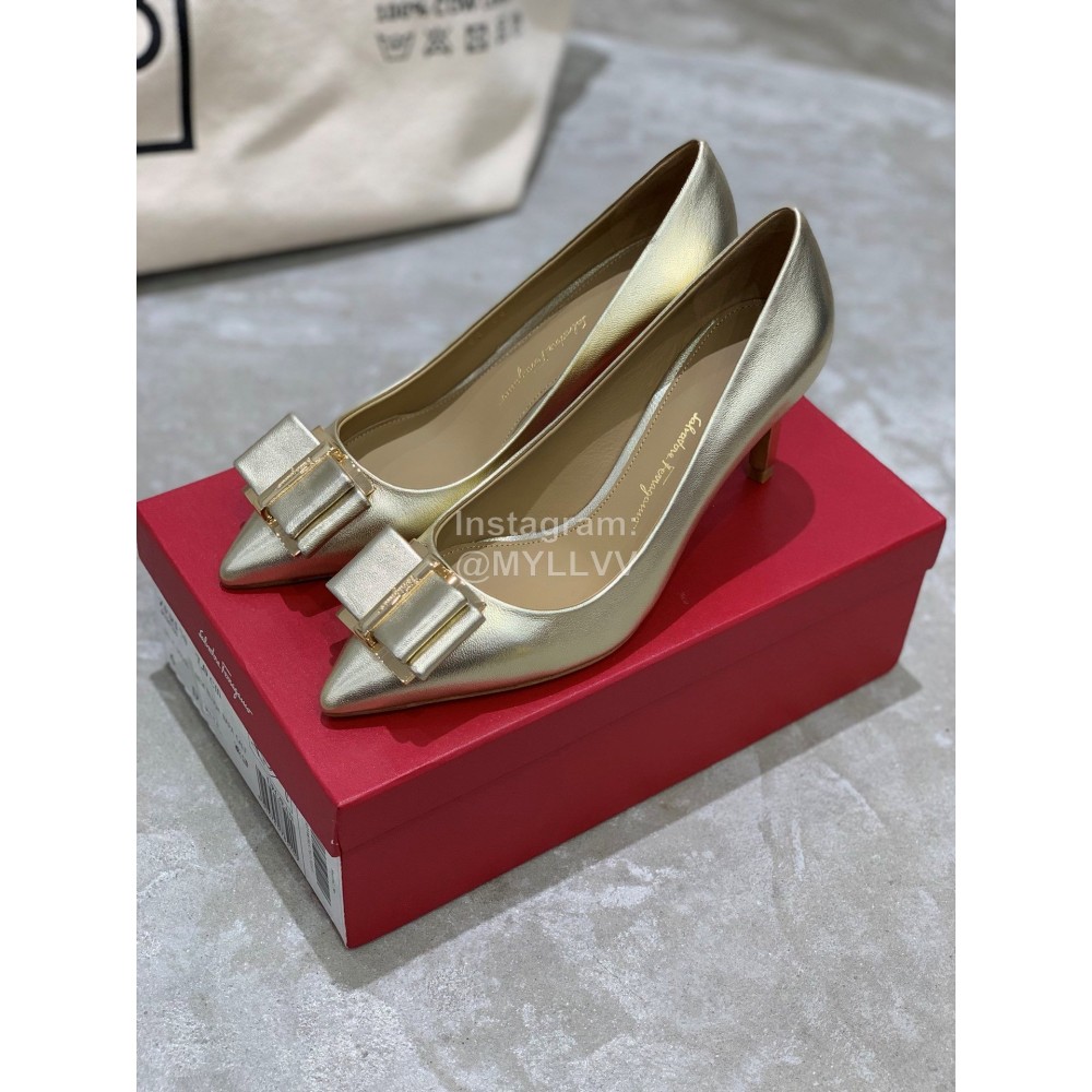 Salvatore Ferragamo New Leather Bow Pointed High Heels For Women Silver