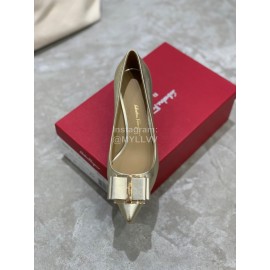 Salvatore Ferragamo New Leather Bow Pointed High Heels For Women Silver