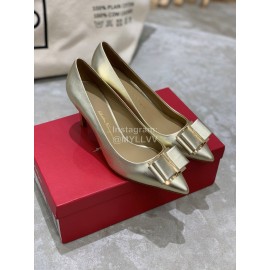 Salvatore Ferragamo New Leather Bow Pointed High Heels For Women Silver