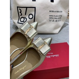 Salvatore Ferragamo New Leather Bow Pointed High Heels For Women Silver