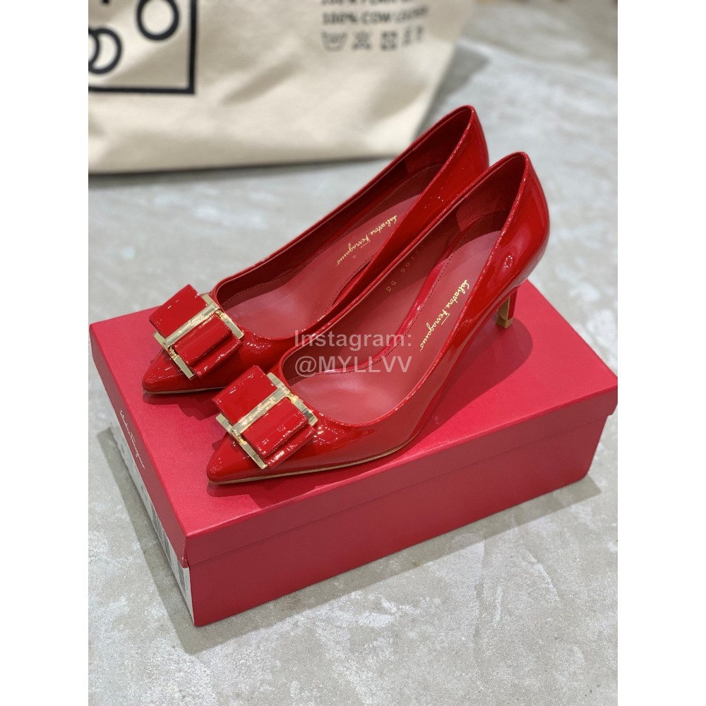 Salvatore Ferragamo New Patent Leather Bow Pointed High Heels For Women Red