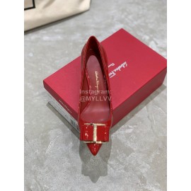 Salvatore Ferragamo New Patent Leather Bow Pointed High Heels For Women Red