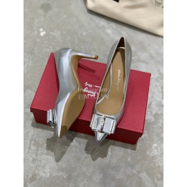 Salvatore Ferragamo New Patent Leather Bow Pointed High Heels For Women Silver