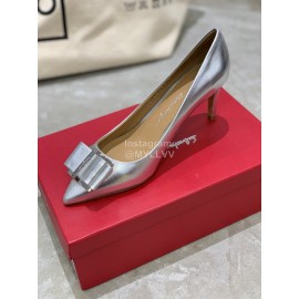 Salvatore Ferragamo New Patent Leather Bow Pointed High Heels For Women Silver