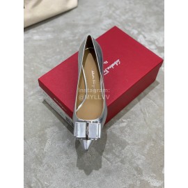 Salvatore Ferragamo New Patent Leather Bow Pointed High Heels For Women Silver