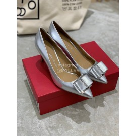 Salvatore Ferragamo New Patent Leather Bow Pointed High Heels For Women Silver