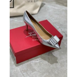 Salvatore Ferragamo New Patent Leather Bow Pointed High Heels For Women Silver