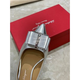 Salvatore Ferragamo New Patent Leather Bow Pointed High Heels For Women Silver