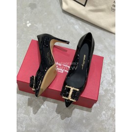 Salvatore Ferragamo New Patent Leather Bow Pointed High Heels For Women Black