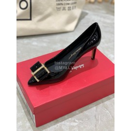 Salvatore Ferragamo New Patent Leather Bow Pointed High Heels For Women Black