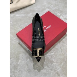 Salvatore Ferragamo New Patent Leather Bow Pointed High Heels For Women Black