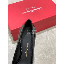 Salvatore Ferragamo New Patent Leather Bow Pointed High Heels For Women Black