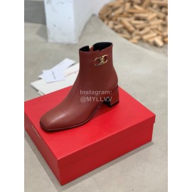Salvatore Ferragamo Autumn Winter Calf High Heel Short Boots For Women Wine Red