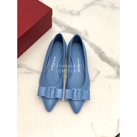 Salvatore Ferragamo Fashion Blue Sheepskin Bow Shoes For Women 