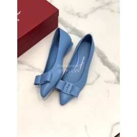 Salvatore Ferragamo Fashion Blue Sheepskin Bow Shoes For Women 