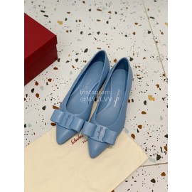 Salvatore Ferragamo Fashion Blue Sheepskin Bow Shoes For Women 
