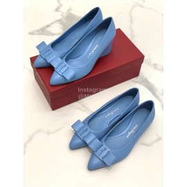 Salvatore Ferragamo Fashion Blue Sheepskin Bow Shoes For Women 