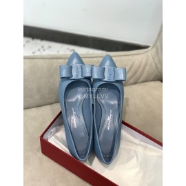 Salvatore Ferragamo Fashion Sheepskin Bow High Heel Shoes For Women Blue